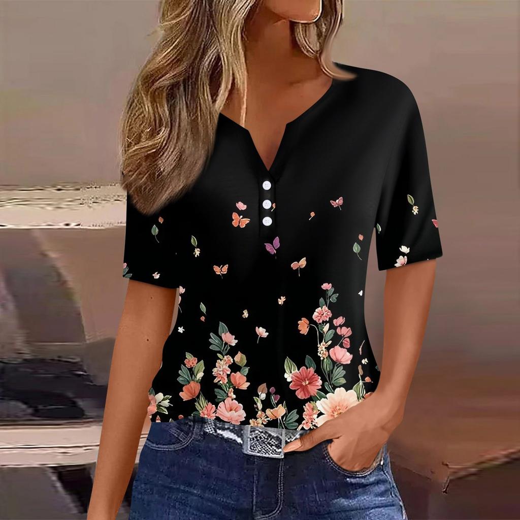 Women's T Shirt Tee Print Button Short Sleeve Tunic Daily Weekend Fashion Basic V- Neck Regular Top