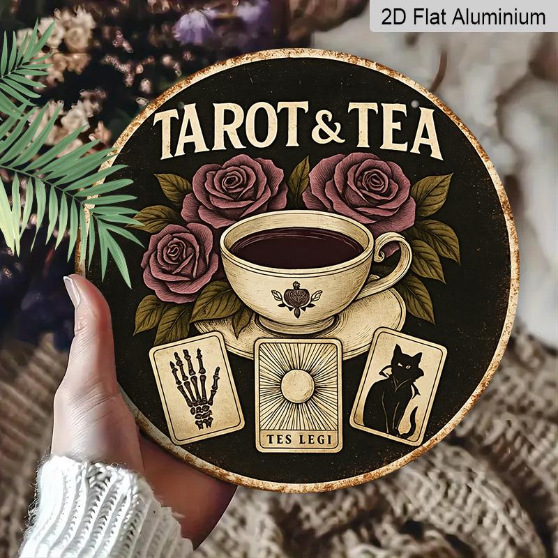 2D Flat, 1pc Round Vintage & Tea Metal Wall Art Sign - 7.87 Inch Aluminum Decor with Roses, Cups, and Symbols, Rustic Black Backgfor Home, Cafe, Bar