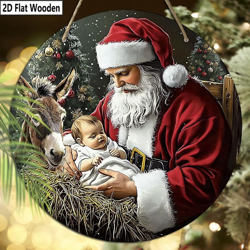 Christmas Decoration Sign,indoor Hanging decorations,2D Flat Wooden Product with The Pattern Is Santa Claus Holding a child,Christmas Gifts for Family