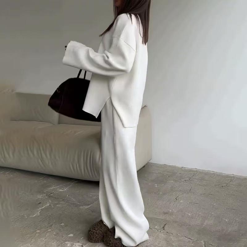European & American Style Women's Solid Color Long Sleeve Wide Leg Pants Sweater Set
