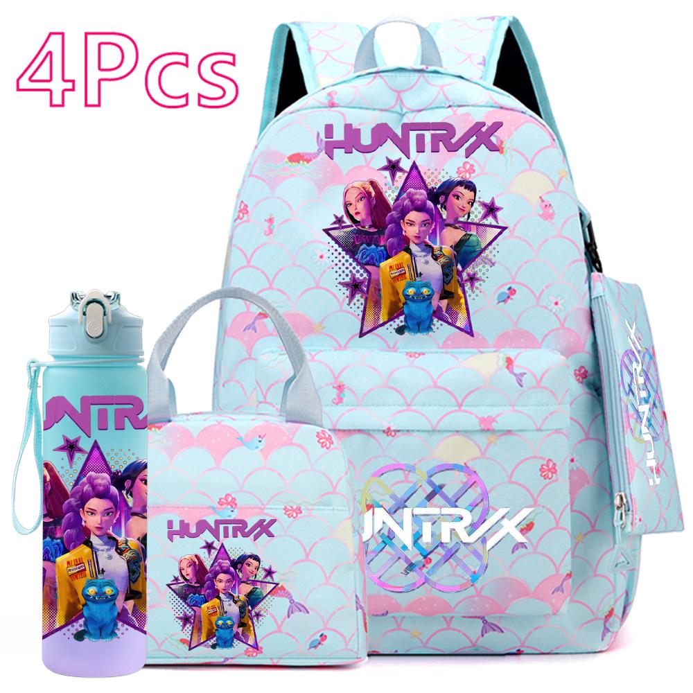 4Pcs/set Anime Cute Printed Backpack Large Capacity Bookbag HandBag Case Bag with 750ml Water Bottler Boy Girl SchoolBag Waterproof Mochila