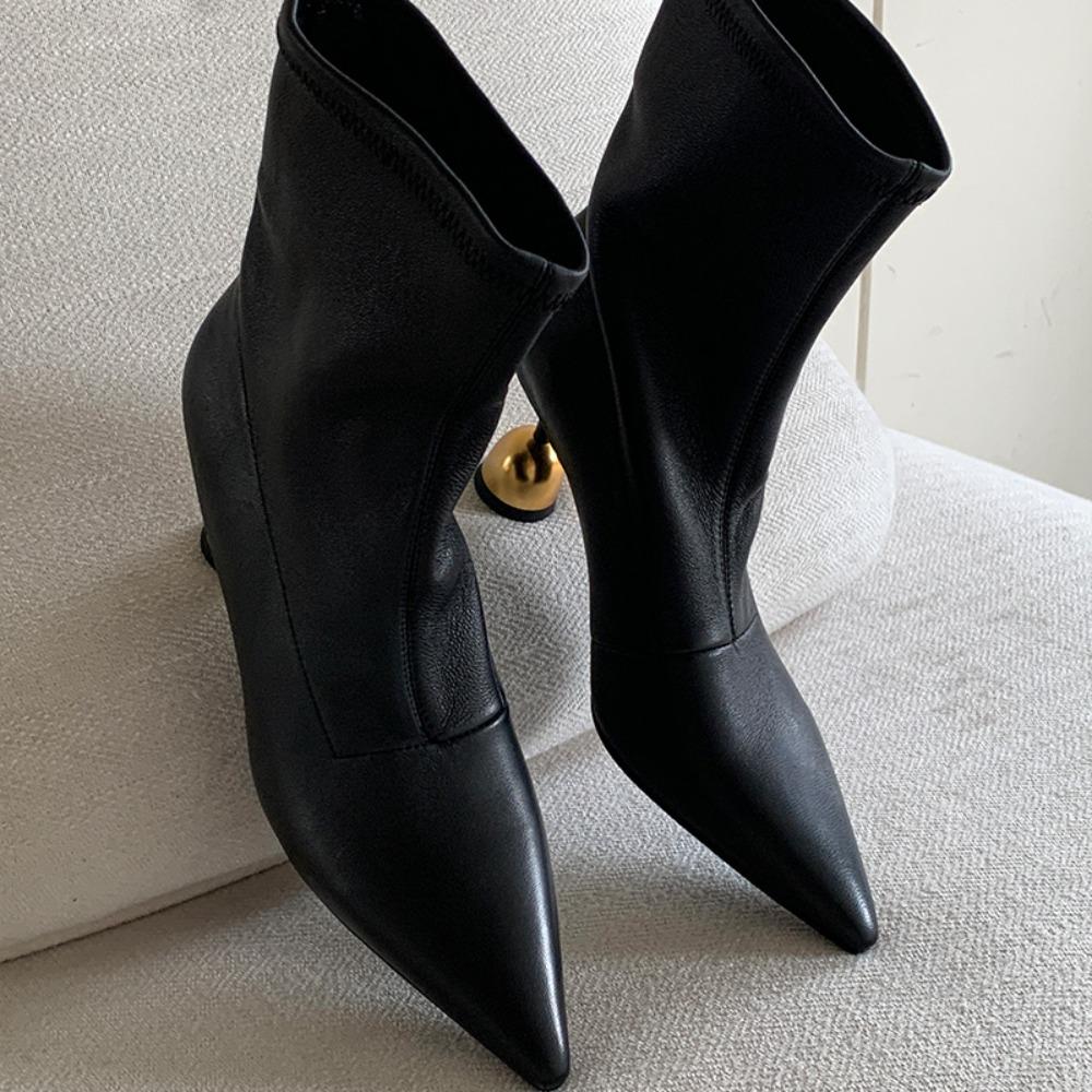 Woman Ankle Boots Strange Style Heel Black Modern Boot Pointed Toe 6.5cm High Heels Soft Leather Woman  Trend Shoes