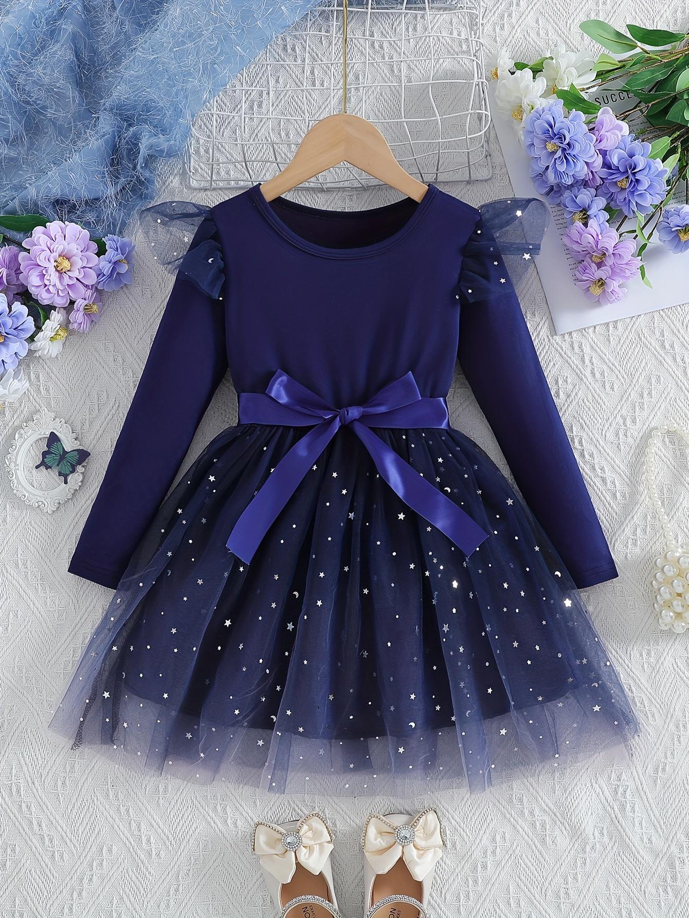 Girls Navy Blue Starry Tulle Dress Bow Princess Dress 1-2Y