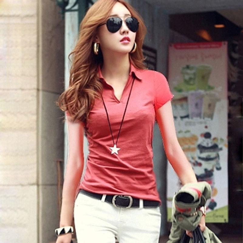 Módní elastické tričko Slim Fit s klopou a krátkým rukávem Dámské tričko se spodním okrajem z bavlny 95