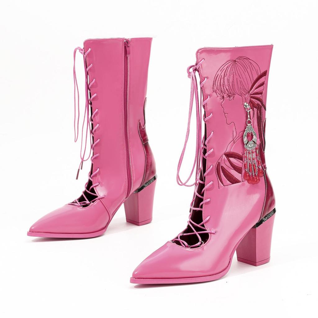 Damskie kozaki do połowy łydki na grubym obcasie - Haftowane, Wodoodporne, Retro wsuwane na lato i jesień