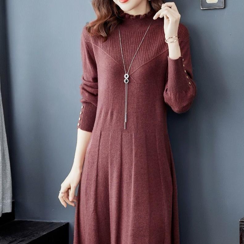 Vestido de Punto Midi Vestido Suéter de Color Sólido para Mujer Vestido Suéter de Punto hasta la Rodilla para Otoño e Invierno para Mujer Jersey