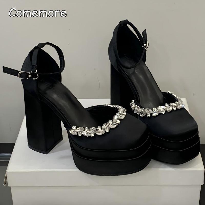 Damen Kristall Plateau Sandalen 12CM Schwarze Zehenabdeckung Blockabsatz Knöchelriemen Heels Damen Kleid Party Schuhe Elegant Größe 35-39