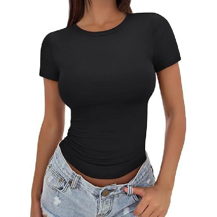 2026 Summer New Women s Round Neck Short Sleeve Solid Color Slim Fit Top S чёрный