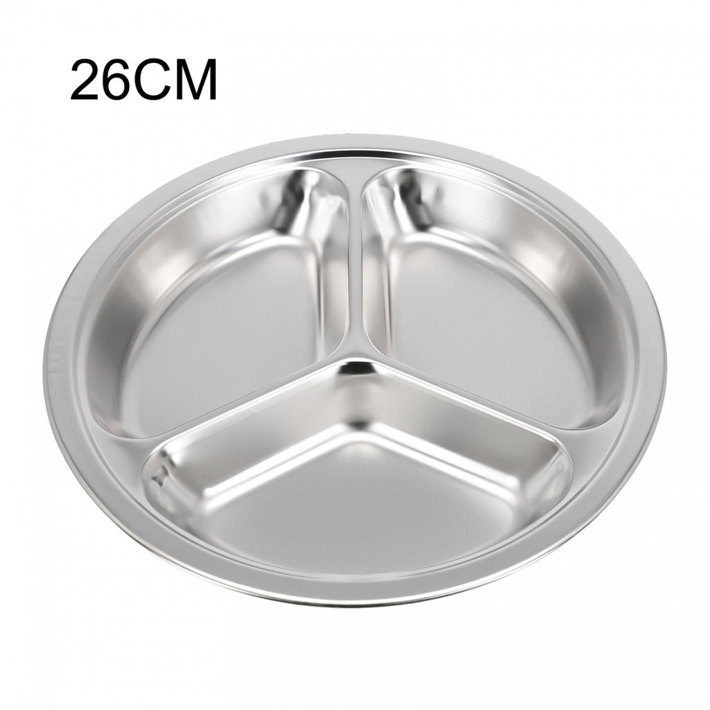 Stainless Steel 3-Sections Round Divided Dish Dia-22/24/26cm Snack Dinner Plate