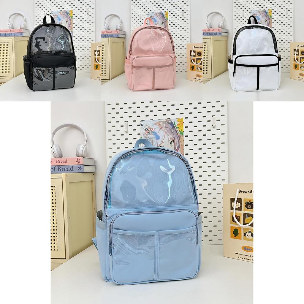 Casual Travel Nylon Backpack For Middle School Girls With Transparent Compartments And Badges Pendant