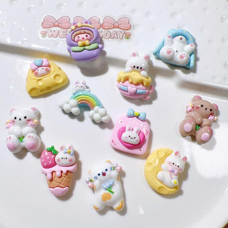 10Pcs New Cute Resin Mini Rabbit Bear Cake Rainbow Series Flat Back Manicure Parts Embellishments For Hair Bows Accessories