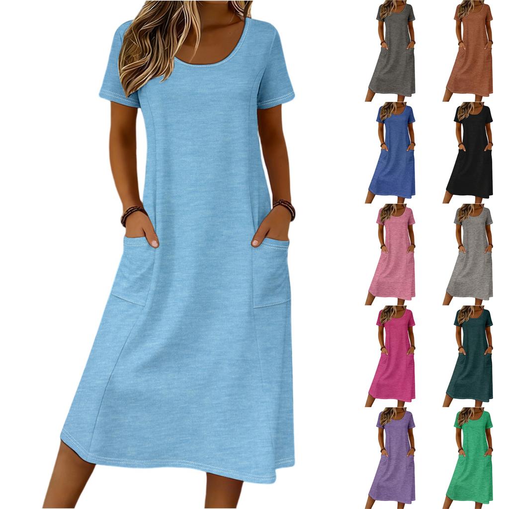 Women Casual Loose Fit Crew Neck Short Sleeve Midi Dress with Pockets Soft Fabric Comfortable Everyday Wear Suitable for Various Occasions