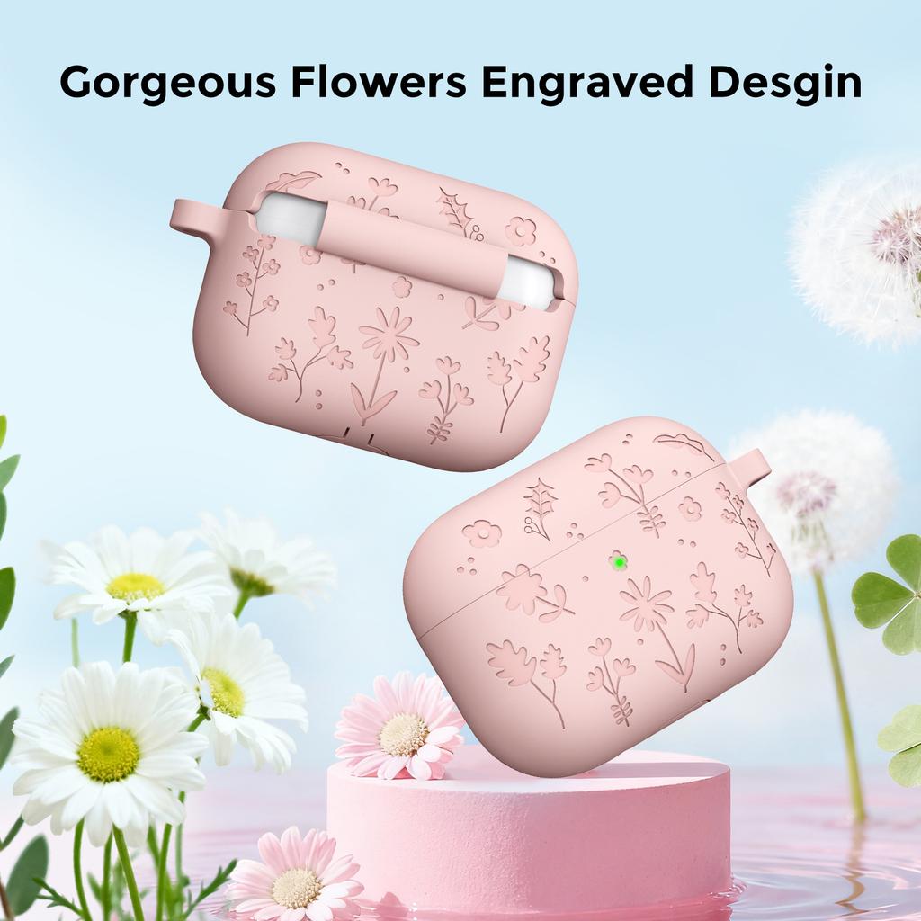 AHASTYLE WG186 For AirPods Pro 3 Embossed Floral Pattern Silicone Case Protective Cover with Hook