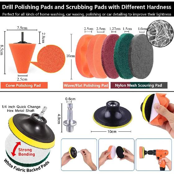 23 Pcs Brush Attachment Drill Set with Polishing Attachment Cordless Screwdriver for Car Rims Bathtub Sink Kitchen Wheels Grill
