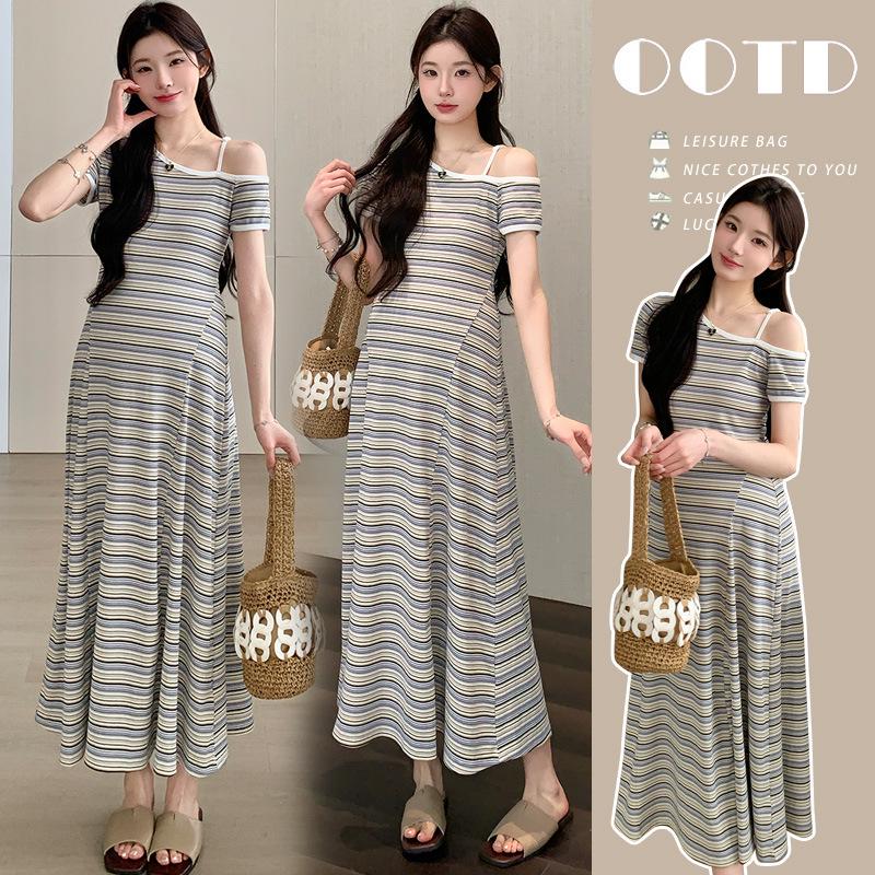 2026 Korean Style Off-the-Shoulder Stripe Dress: Slim-Fit, Waist-Cinching Summer Fashion L
