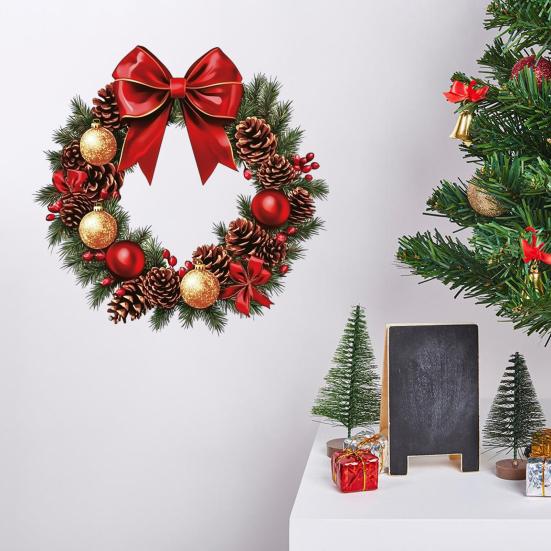Christmas Stickers Wreath Wall Decals Red Bow Pinecone Patterns Stickers Removable PVC Holiday Decor for Living Room Bedroom Office