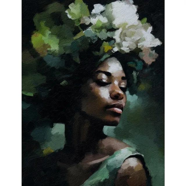 Elegant African American Woman with Floral Head Poster  Sexy Black Girl Canvas Painting Wall Art for Living Room Home Decor Mura