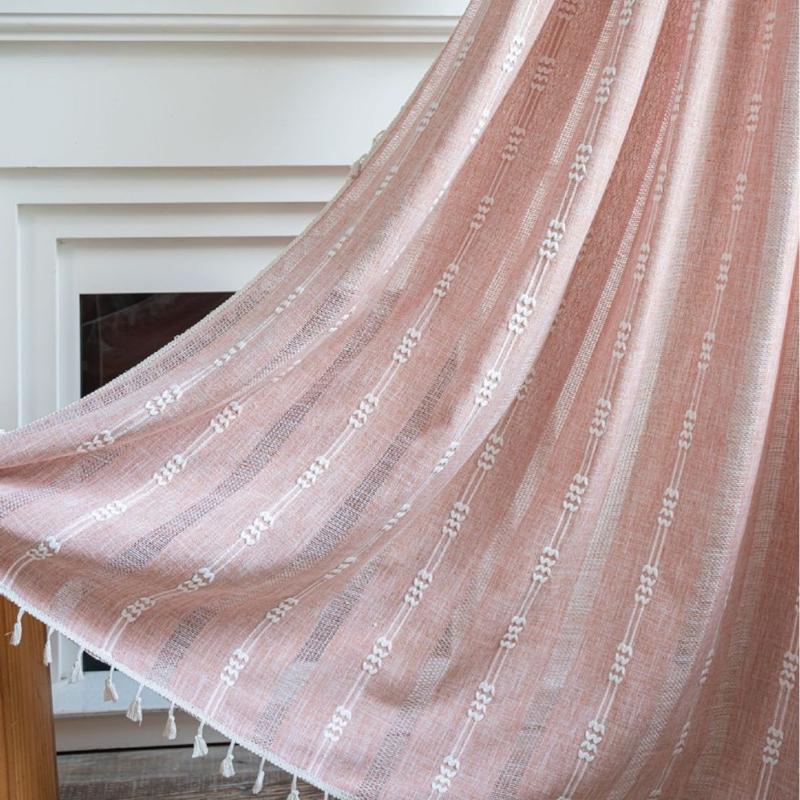 

American Style Pink Striped Embroidered Tassel Finished Curtains Semi Shading Hollowed Out Kitchen Living Room Window Curtain W140 x H45cm&Threading Rod
