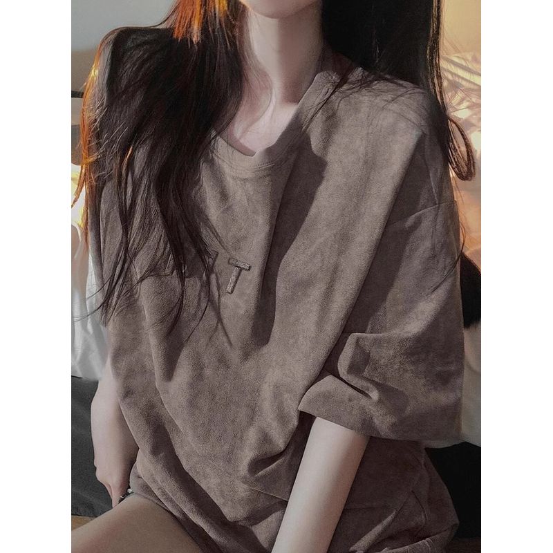 

Трендовая мода Короткий рукав Свободный Оверсайз Замша Brown M([45.00 kg-55.00 kg]])