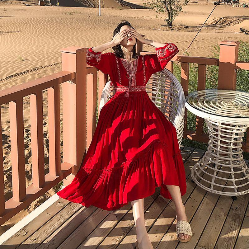 

Изысканная вышивка! Красота ~ Найдите платье для отпуска в европейско-американском стиле «Девушка мечты», богемное, ретро, красное, романтичное, с большой юбкой-качели Red S