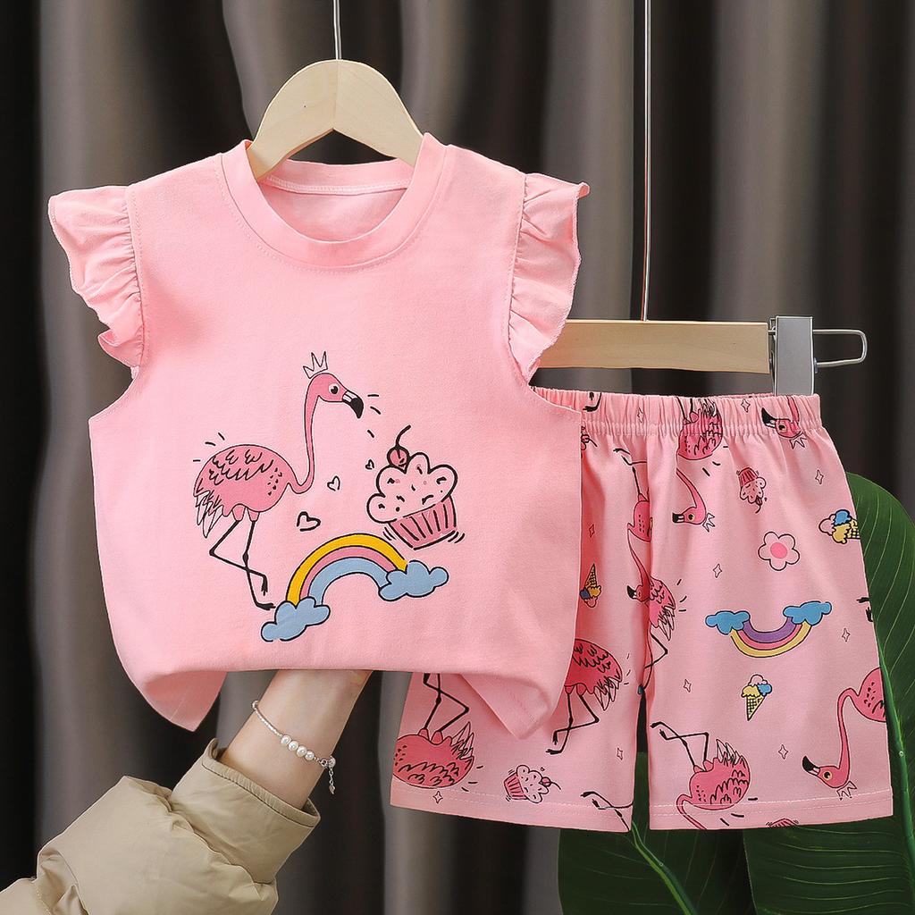 Girls' Cotton Short-sleeved Set For Summer Children's Casual Flared Shorts Two-piece Set
