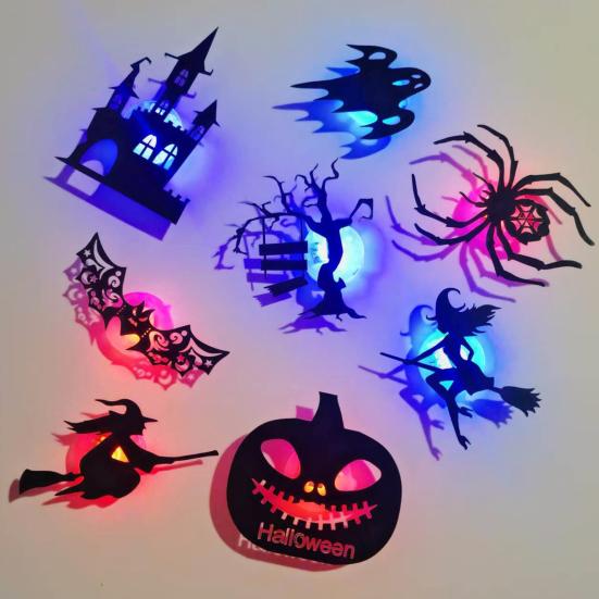 8/12Pcs Halloween LED Light Wall Sticker Hollow Spooky Bat Pumpkin Spider Night Light Holiday Party Home Office Wall Decoration Decal