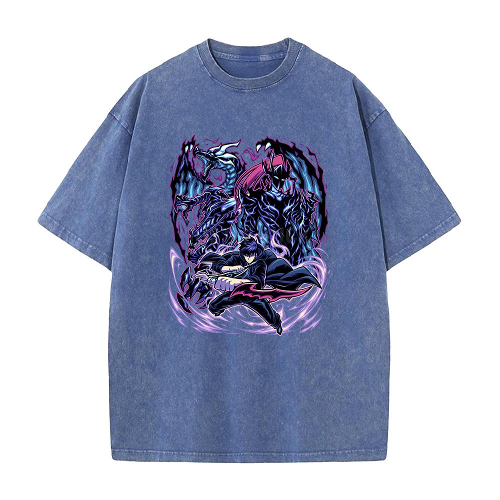 Anime Solo Leveling Sung Jin Woo Beru Print Washed Tee Men High Quality Cotton T-shirts Oversized T Shirt Harajuku Male Tshirt