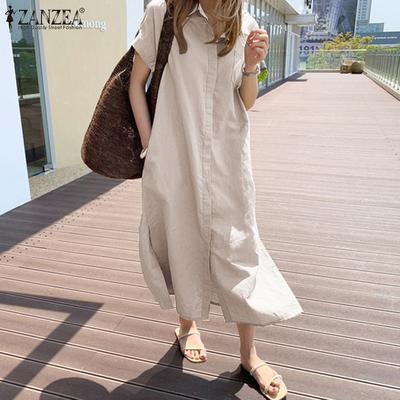 Korean Style Women Short Sleeve Lapel Button Down Shirt Dress Cotton Plain Midi Sundress