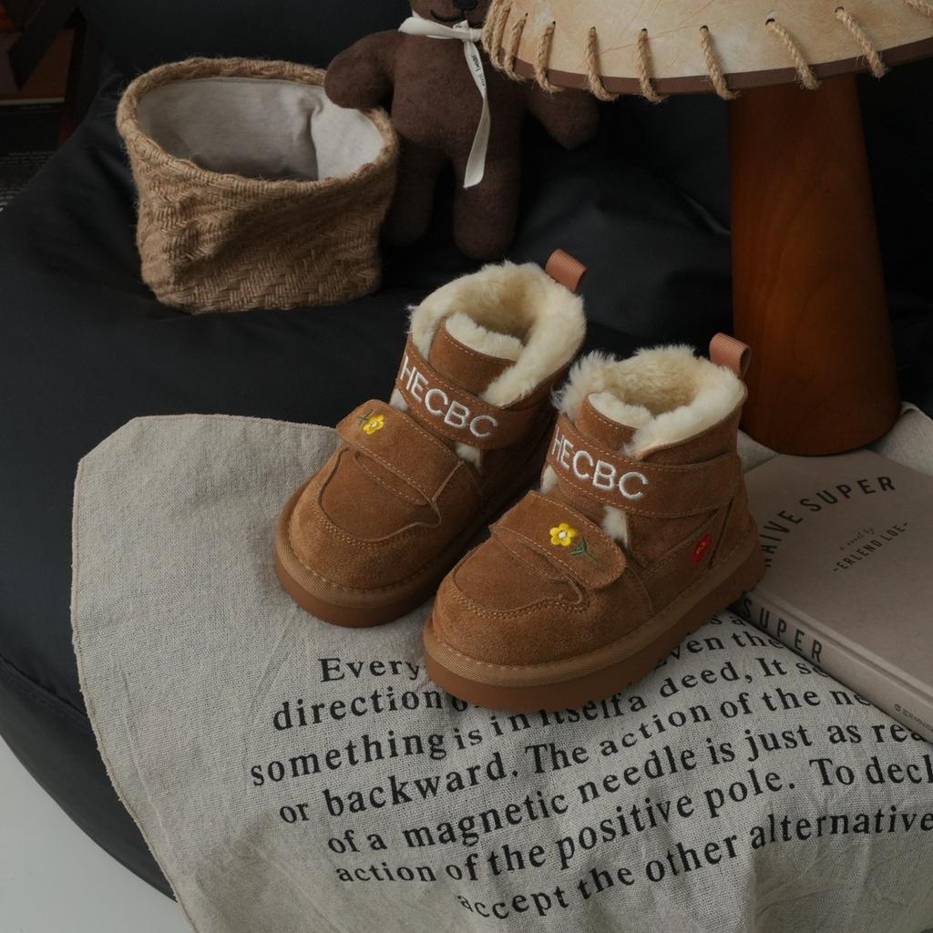XSHX Retro "embroidered Wool Mouth" Children's Cold-proof Leather Snow Boots Winter Girls Velcro 249091
