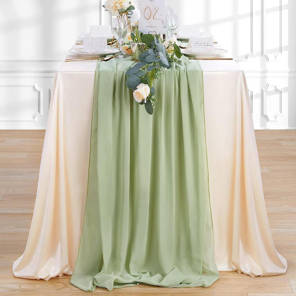 4PCS Sage Green Chiffon Wedding Table Runner,Chair Sashes Gauze Sheer Vintage Dining Birthday Party FestivalCake Table Decor
