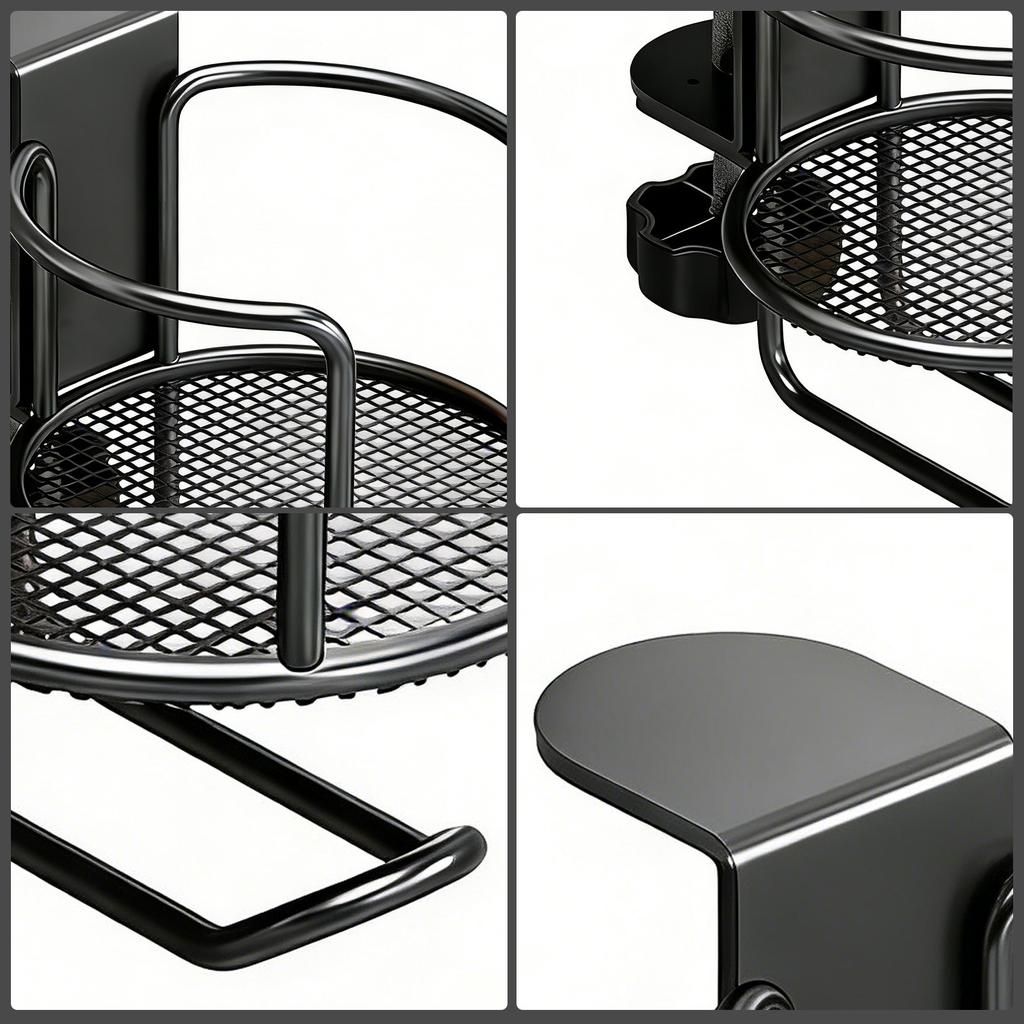 2 in 1 Clamp On Anti-Spill Cup Holder with Headphone Hanger Water Bottle Stand Easy To Install for Coffee Mups Bottles