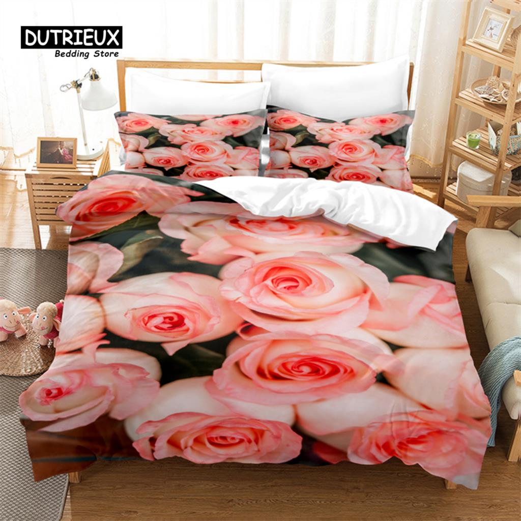 Pink Roses Bedding Set, 3Pcs Duvet Cover Set, Soft Comfortable Breathable Duvet Cover, For Bedroom Guest Room Decor