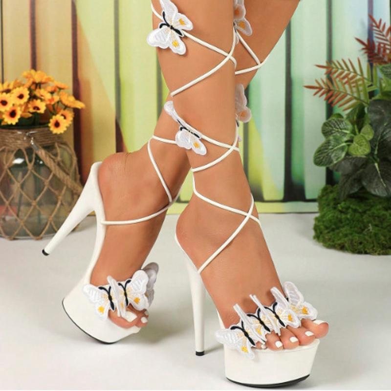 Summer Sandals Women Patent Leather Butterflies Wrap Around Lace Up 15cm Stiletto High Heels Party Nightclub Ladies Shoes
