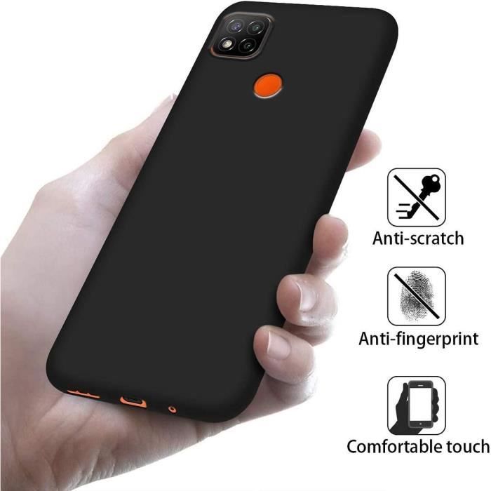 Coque Silicone - E.F.CONNECTION - pour Xiaomi Redmi 9C - Silicone Noir - 2 Verres Trempés - 2 Protections Caméra