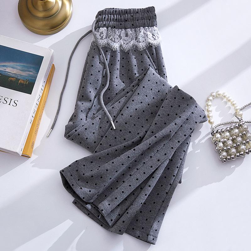 Women's High Waist Polka Dot Wide Leg Pants with Lace Trim - 2025 Spring Collection
