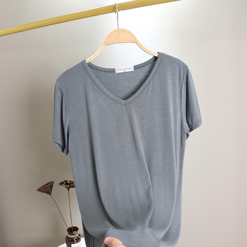 Damen V-Ausschnitt Kurzarm T-Shirt Lockerer Schnitt Pendler Freizeit Oberteil Einfarbige Modal Knitterfest Basis Layering T-Shirt Für Frühling Sommer Tägliche Kleidung