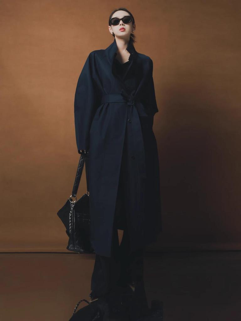 Rongtai Women's Tencel Drapey Trench Coat - Spring 2025 Collection, British Style with Tie-Waist and Stand Collar