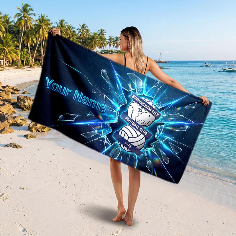 BIRMINGHAM CITY Benutzerdefiniertes Strandtuch, Personalisierter Name Text Druck, Fußball Logo Weiches Schnelltrocknendes Handtuch Urlaubsgeschenk