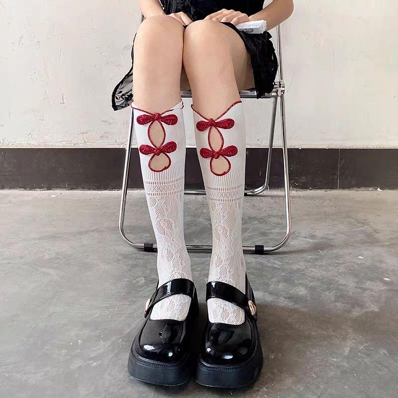 Y2K Sweet-Spicy Girl Socks | Retro Chessboard Button Hollow Lace Calf Knee-High Socks