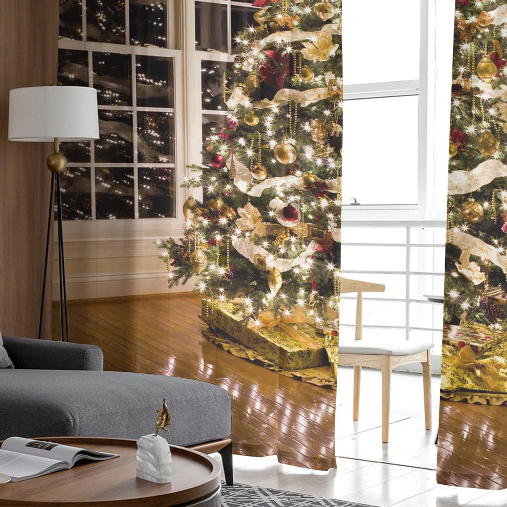 Christmas Tree Lights Christmas Theme Tulle Curtains For Living Room Decoration Modern Chiffon Sheer Voile Christmas Curtains