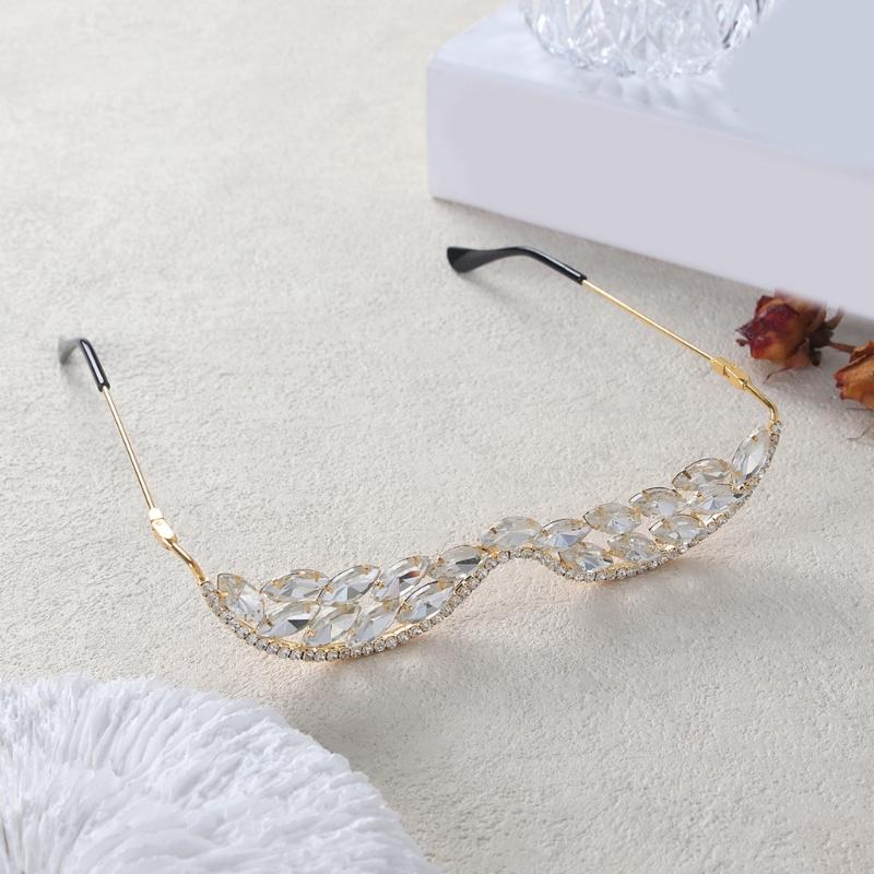 Half Frame Rhinestones Glasses Face Jewelry Crystal Eyeglasses Without Lens V Shape Rhinestones Sunglasses for Women Men
