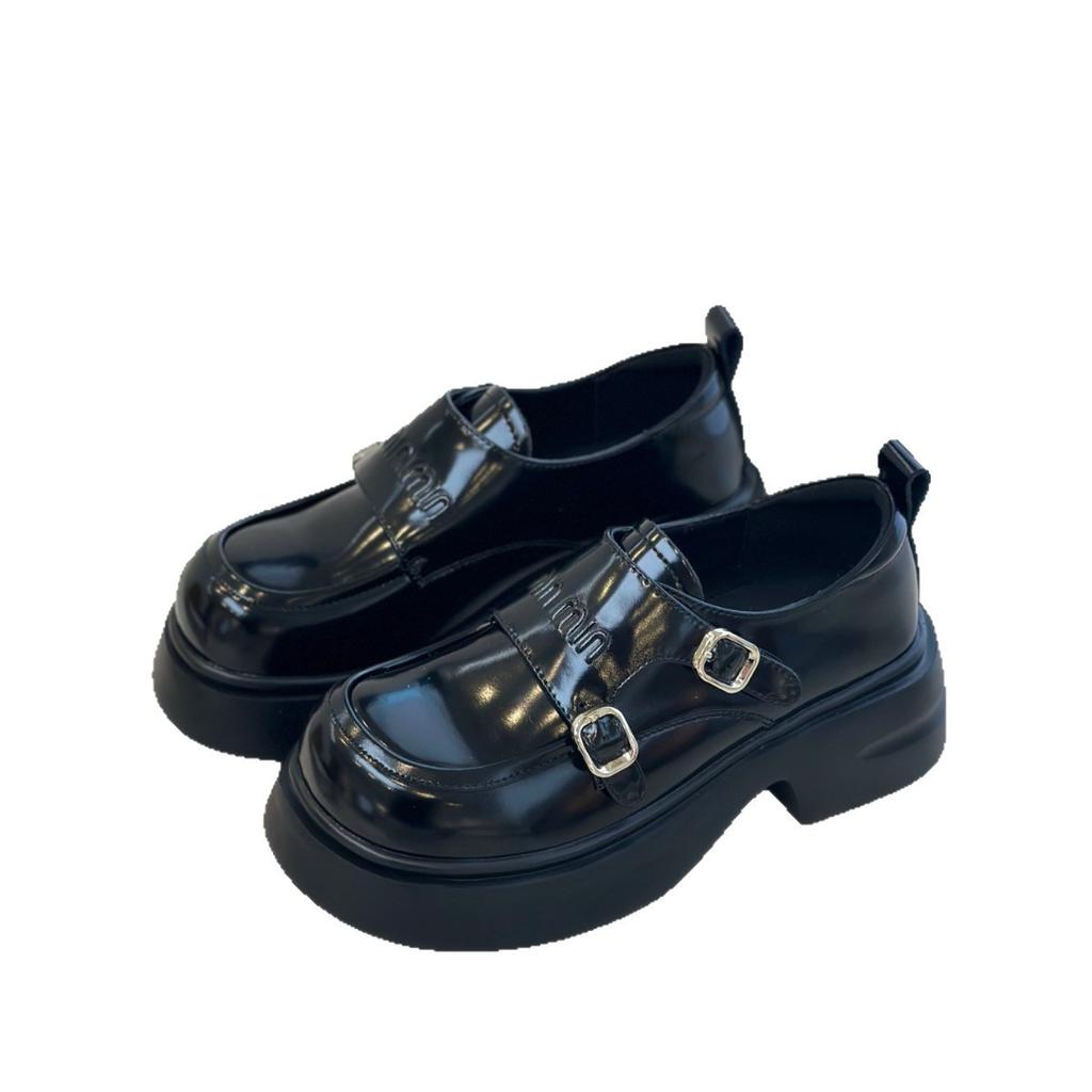 Miu's Home~ Super Soft Sheepskin Thick-soled Thick-heeled Small Leather Shoes Women's Round Head Fashionable Double Buckle with British Style Love