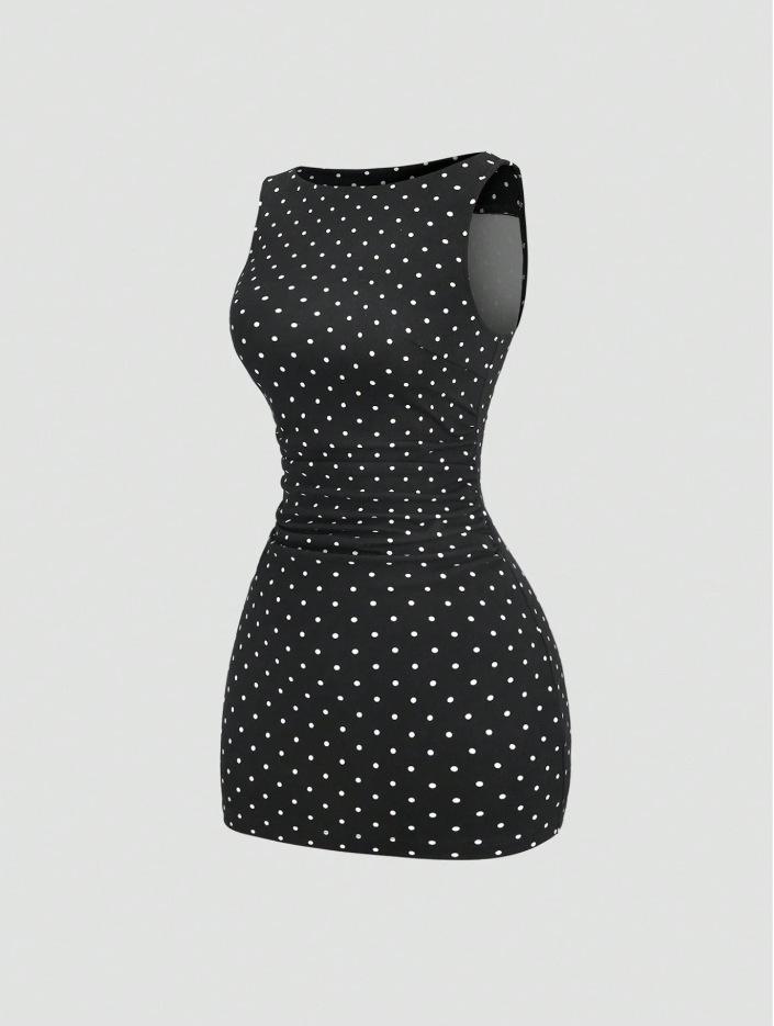 Elegant Sleeveless Polka Dot Dress with Pleated Waist for Women - Spring/Summer