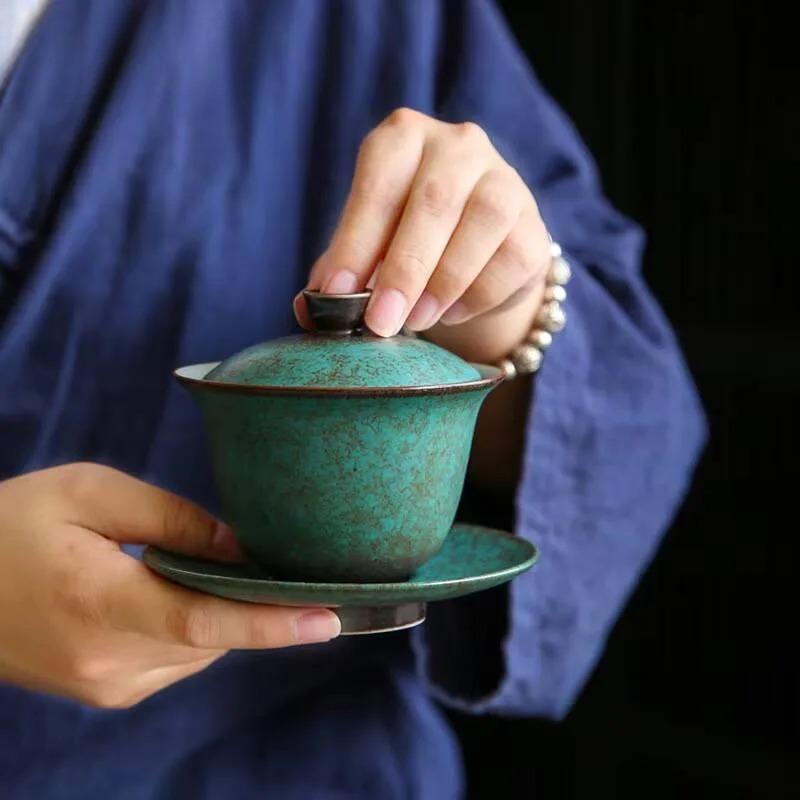 150ml Japanese Style Turquoise Glaze Ceramic Sancai Gaiwan Retro Kiln Change High-capacity Tea Cover Bowl Drinkware Customized