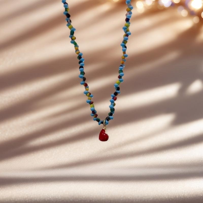 Blue Crystal Bead Heart Charm Necklace Adjustable Length Clavicle Chain Retro Style Jewelry for Everyday Casual Wear