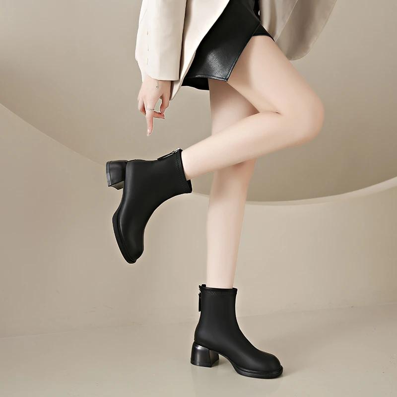 

Модные Fang Tou Fashion Snow 2024 Весна, осень и зима Новые простые и элегантные короткие сапоги из овчины с застежкой-молнией сзади для женщин 35 чёрный