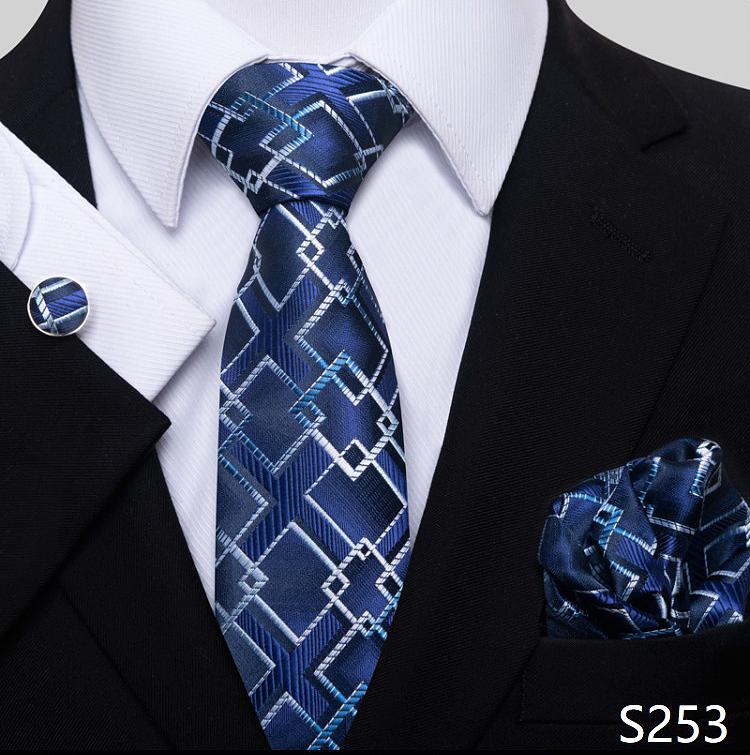Newest Style Holiday Present Tie Pocket Squares Cufflink Set Necktie Men Dark Blue Wedding Accessories Office Cravat