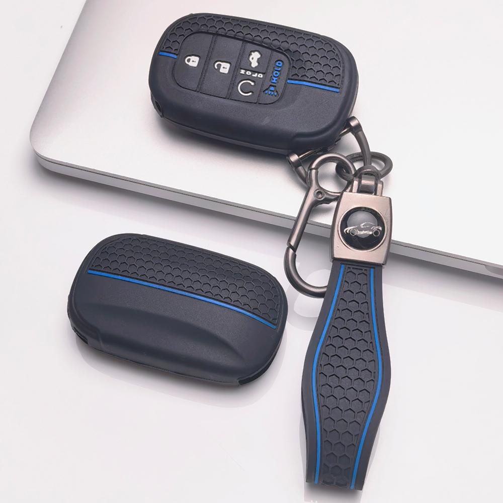 Silicone Smart Key Fob Cover for Honda Fit Civic Accord Inspire HRV CRV Pilot with Keychain Honeycomb Texture Racing Stripe Smart Remote Key Protector