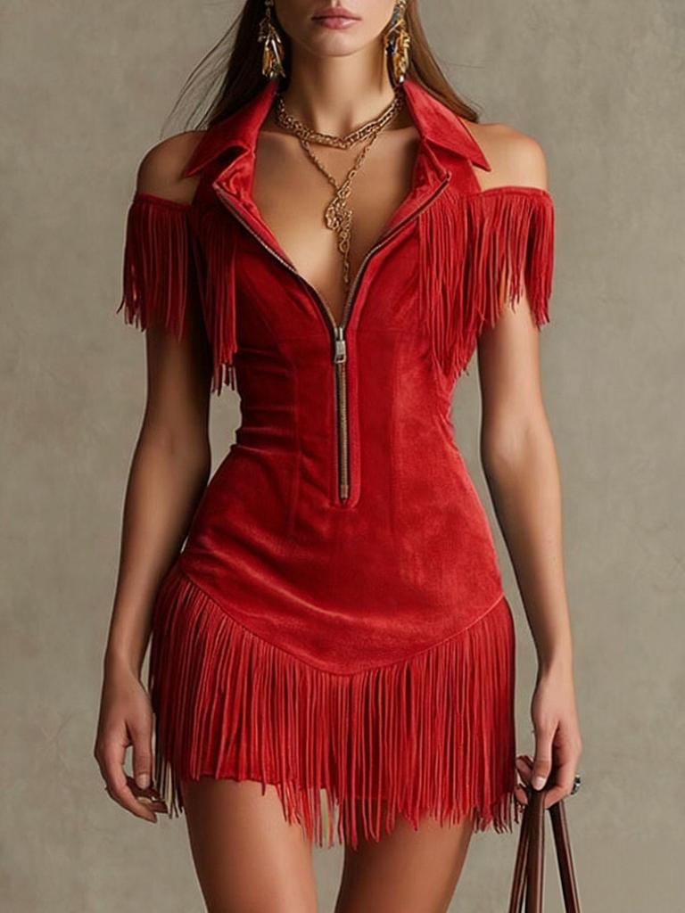 Women's Blue-Green Off-Shoulder Fringe Dress with Front Zipper