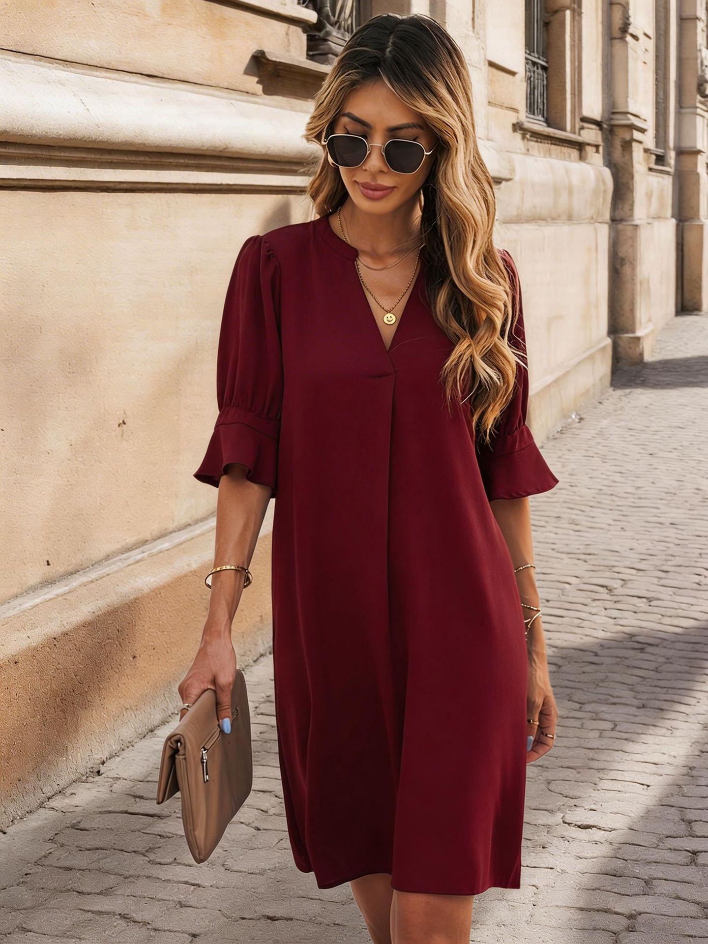 

European and American women s elegant V-neck ruffle edge short-sleeved dress, spring and summer women s clothing, women s clothing dress XXL бордовий
